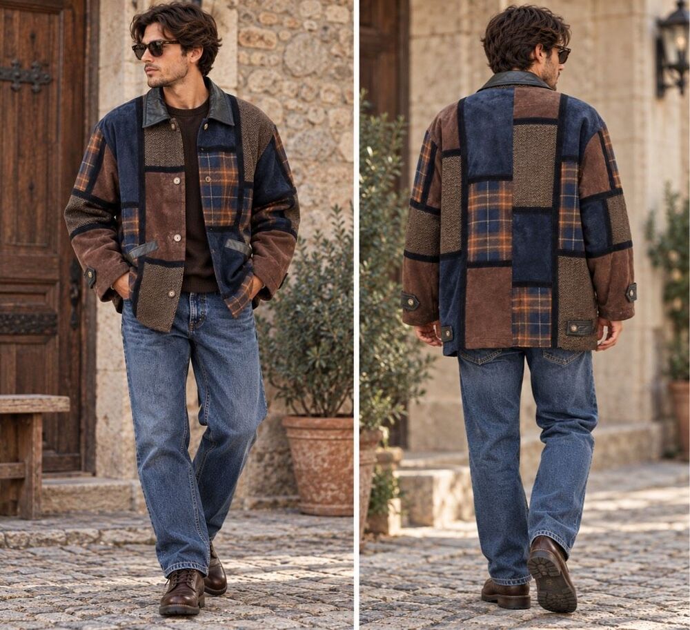 Vintage Brandon Thomas Leather Patchwork Jacket Mens S Plaid Wool Blend Long Coa
